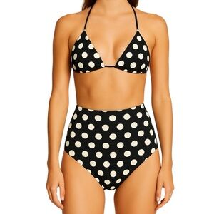 AQUA Polka Dot Triangle Bikini Top And High Waist Bottom Set Black White NWT